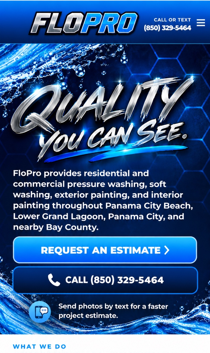 FloPro homepage design showing Quality You Can See, service text, and call-to-action buttons.